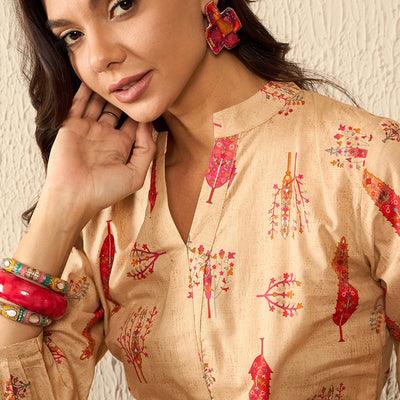 Beige Cotton Blend Floral Printed Regular Kurti Tunics VT1329
