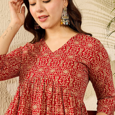 Red Viscose Rayon Ethnic Motifs Printed Regular Kurti Tunics VT1330