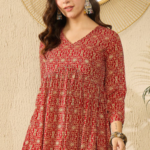 Red Viscose Rayon Ethnic Motifs Printed Regular Kurti Tunics VT1330