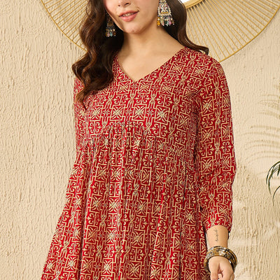 Red Viscose Rayon Ethnic Motifs Printed Regular Kurti Tunics VT1330