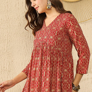 Red Viscose Rayon Ethnic Motifs Printed Regular Kurti Tunics VT1330