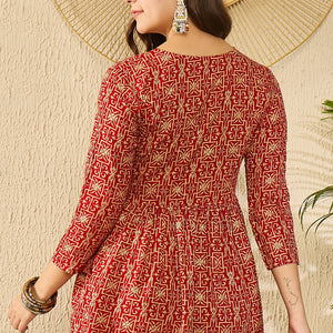 Red Viscose Rayon Ethnic Motifs Printed Regular Kurti Tunics VT1330