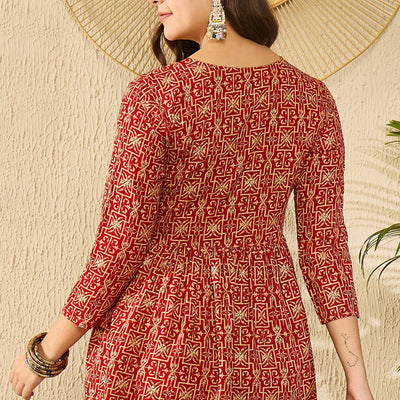 Red Viscose Rayon Ethnic Motifs Printed Regular Kurti Tunics VT1330