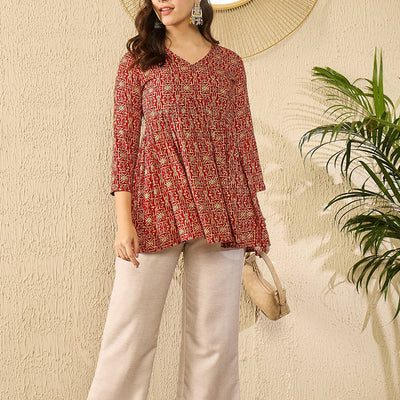 Red Viscose Rayon Ethnic Motifs Printed Regular Kurti Tunics VT1330