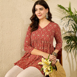 Red Viscose Rayon Ethnic Motifs Printed Regular Kurti Tunics VT1330