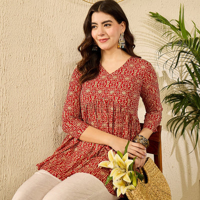 Red Viscose Rayon Ethnic Motifs Printed Regular Kurti Tunics VT1330