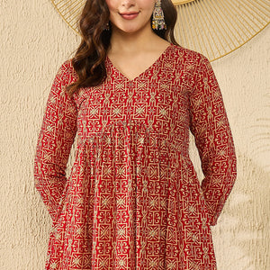 Red Viscose Rayon Ethnic Motifs Printed Regular Kurti Tunics VT1330