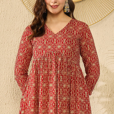 Red Viscose Rayon Ethnic Motifs Printed Regular Kurti Tunics VT1330