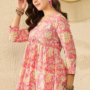 Pink Cotton Blend Floral Printed Regular Kurti Tunics VT1334