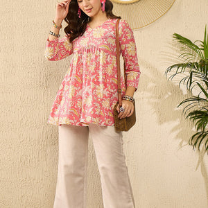 Pink Cotton Blend Floral Printed Regular Kurti Tunics VT1334