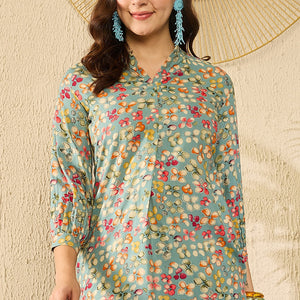 Blue Viscose Rayon Floral Printed Regular Kurti Tunics VT1335