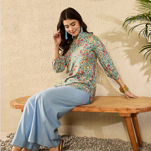 Blue Viscose Rayon Floral Printed Regular Kurti Tunics VT1335