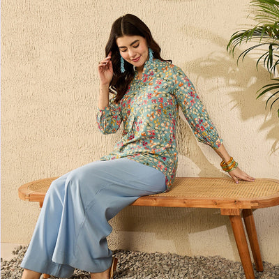 Blue Viscose Rayon Floral Printed Regular Kurti Tunics VT1335