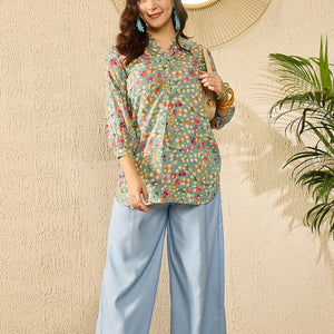 Blue Viscose Rayon Floral Printed Regular Kurti Tunics VT1335