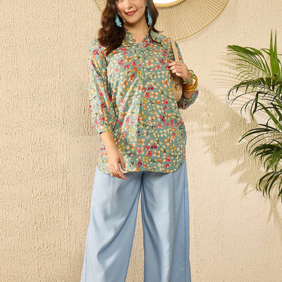 Blue Viscose Rayon Floral Printed Regular Kurti Tunics VT1335