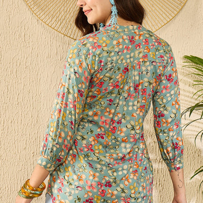 Blue Viscose Rayon Floral Printed Regular Kurti Tunics VT1335