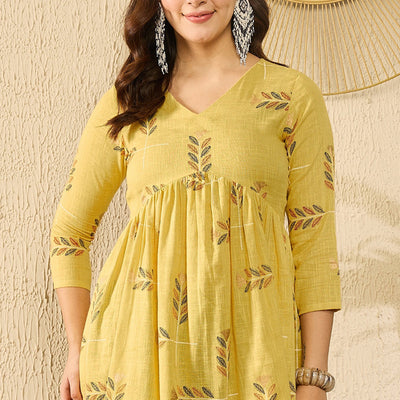 Yellow Cotton Blend Floral Printed Regular Kurti Tunics VT1352