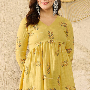 Yellow Cotton Blend Floral Printed Regular Kurti Tunics VT1352