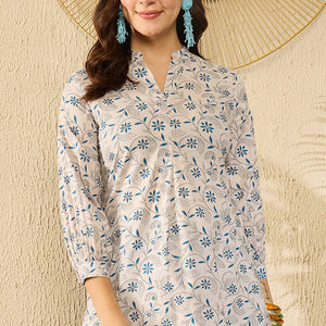 White Cotton Blend Floral Printed Regular Kurti Tunics VT1362