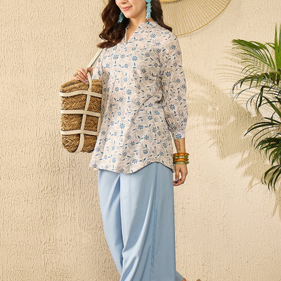 White Cotton Blend Floral Printed Regular Kurti Tunics VT1362