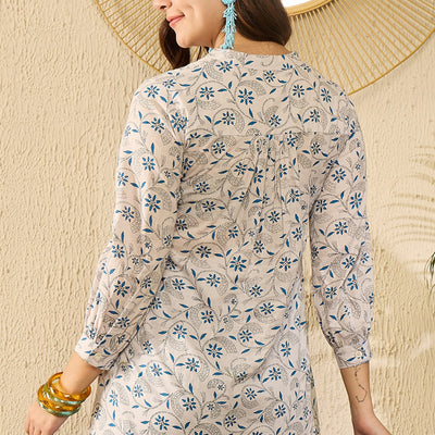 White Cotton Blend Floral Printed Regular Kurti Tunics VT1362