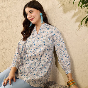 White Cotton Blend Floral Printed Regular Kurti Tunics VT1362