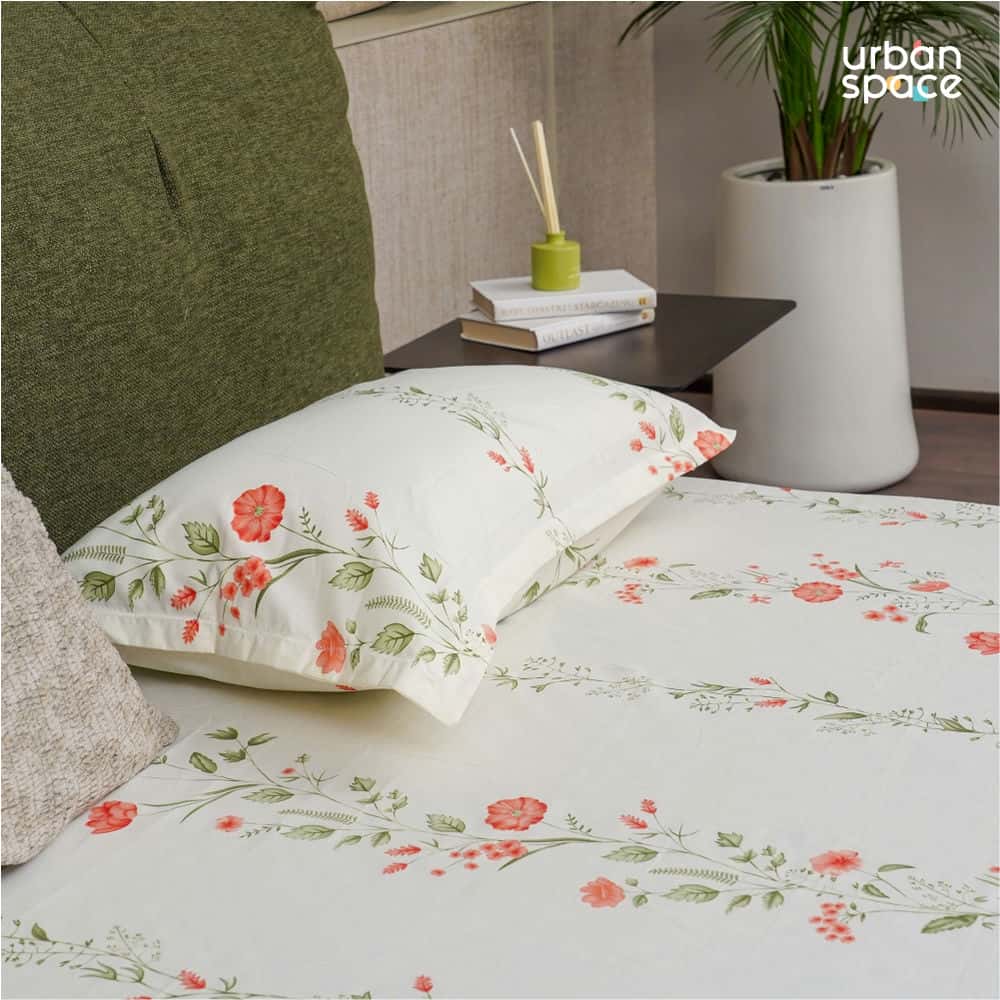 Serene Collection - Breathable 200 TC 100% Pure Cotton Single Bedsheet with Pillow Cover, Veil Bloom- Peach