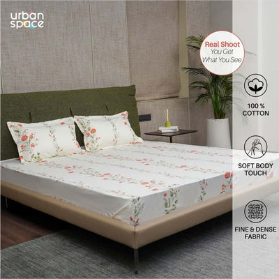 Serene Collection - Breathable 200 TC 100% Pure Cotton Single Bedsheet with Pillow Cover, Veil Bloom- Peach