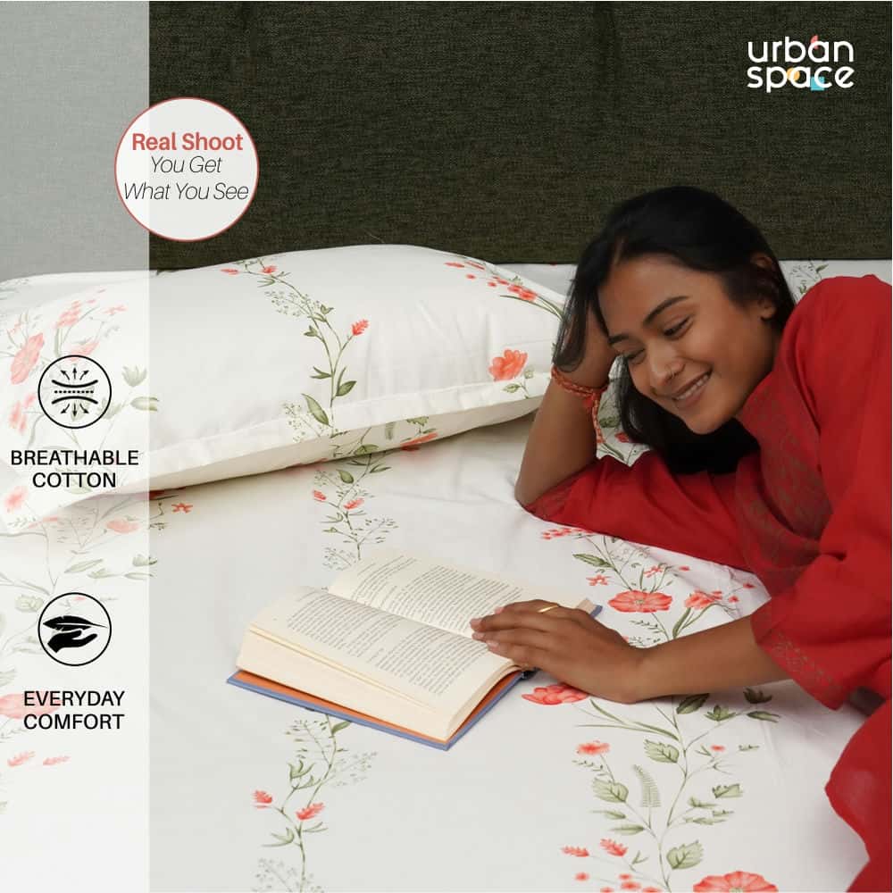 Serene Collection - Breathable 200 TC 100% Pure Cotton Single Bedsheet with Pillow Cover, Veil Bloom- Peach