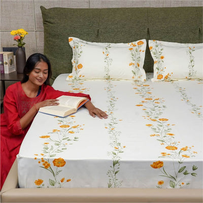 Serene Collection - Breathable 200 TC 100% Pure Cotton Single Bedsheet with Pillow Cover, Veil Bloom- Yellow