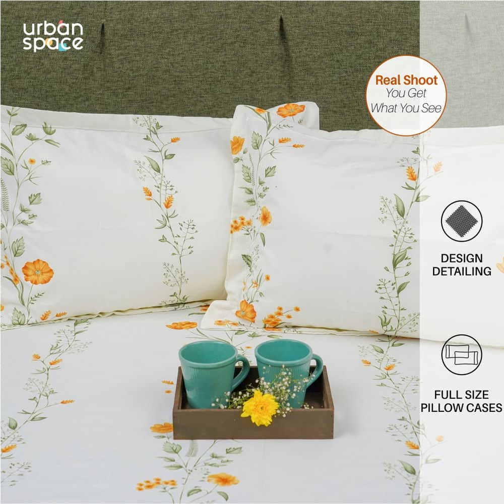Serene Collection - Breathable 200 TC 100% Pure Cotton Single Bedsheet with Pillow Cover, Veil Bloom- Yellow