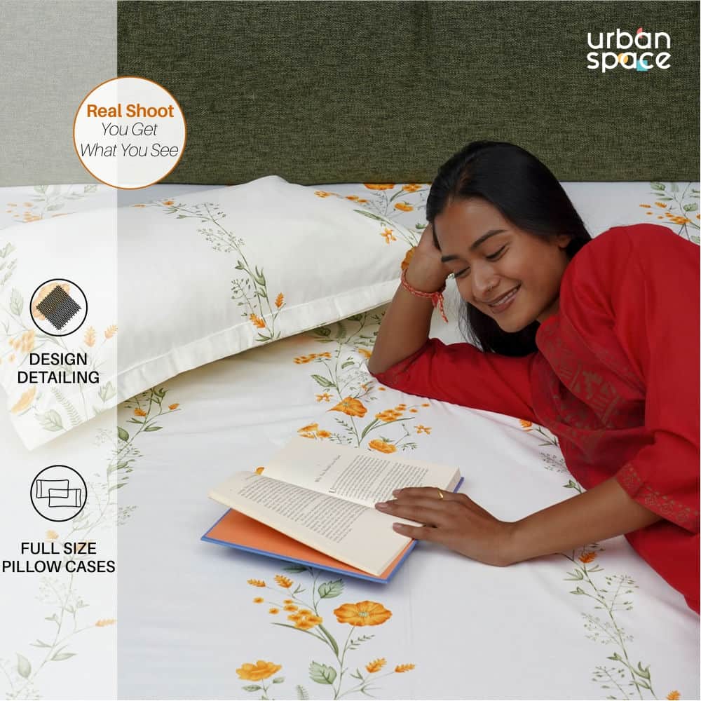 Serene Collection - Breathable 200 TC 100% Pure Cotton Single Bedsheet with Pillow Cover, Veil Bloom- Yellow