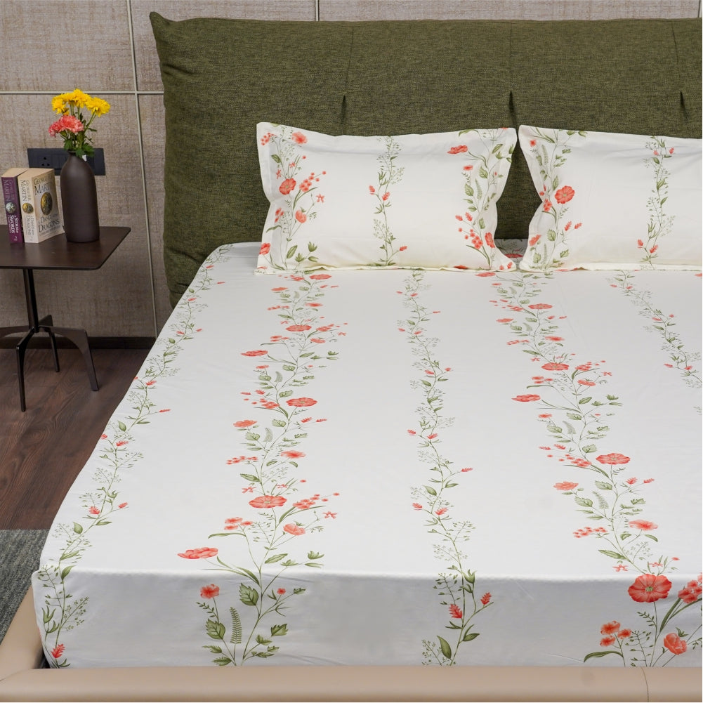 Serene Collection - Breathable 200 TC 100% Pure Cotton Single Bedsheet with Pillow Cover, Veil Bloom- Peach