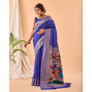 Blue - Bandhej Paithani Violet Paithani Silk Handwork Saree