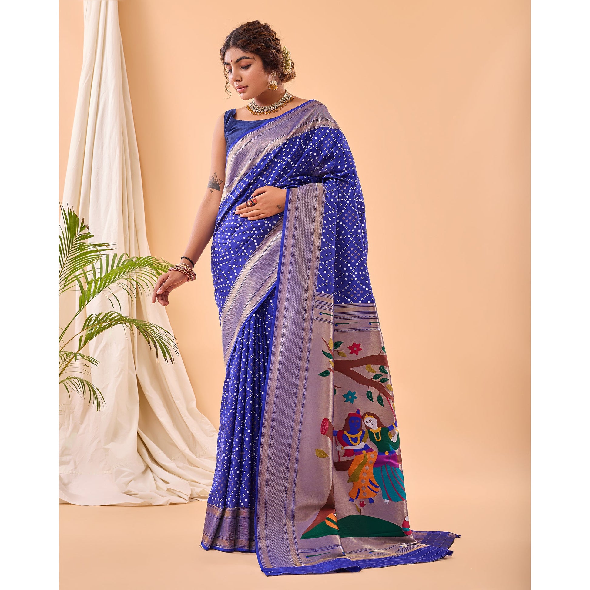 Blue - Bandhej Paithani Violet Paithani Silk Handwork Saree