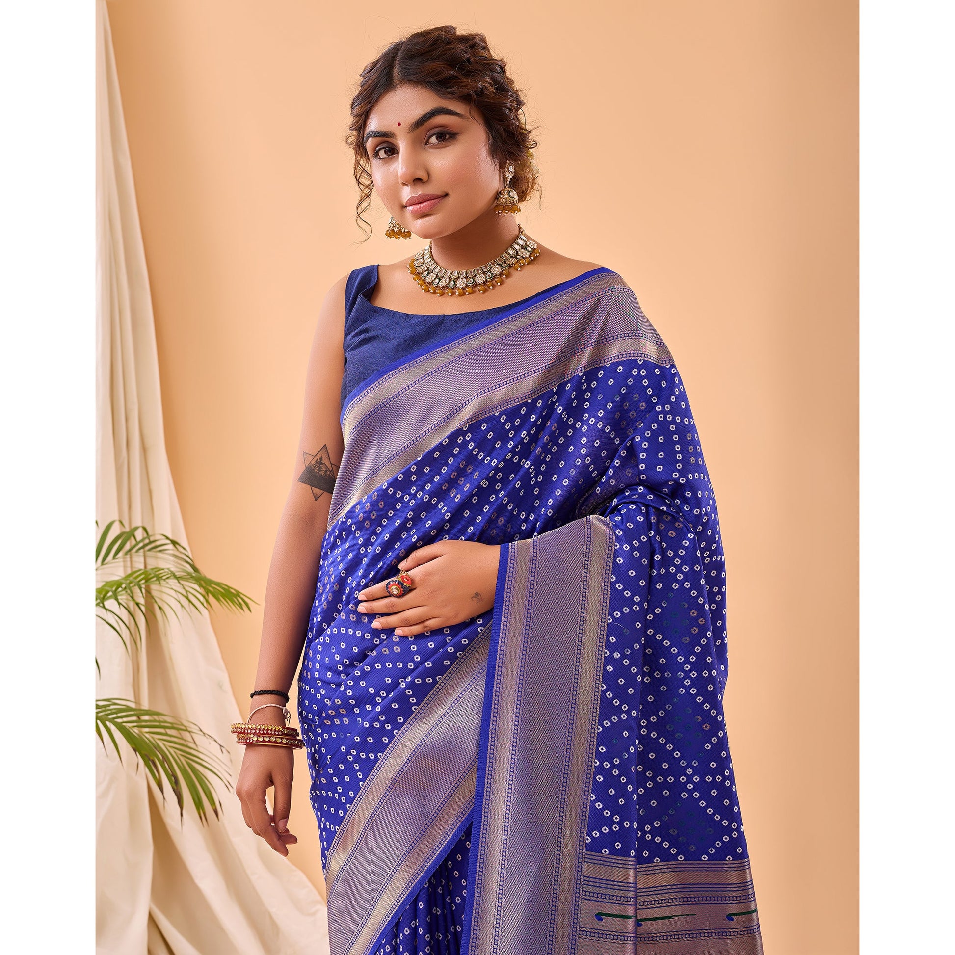 Blue - Bandhej Paithani Violet Paithani Silk Handwork Saree