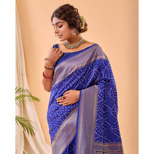 Blue - Bandhej Paithani Violet Paithani Silk Handwork Saree