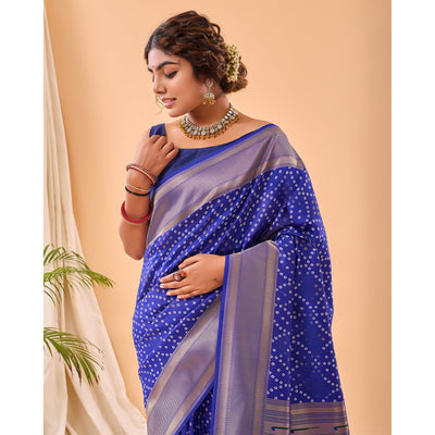 Blue - Bandhej Paithani Violet Paithani Silk Handwork Saree