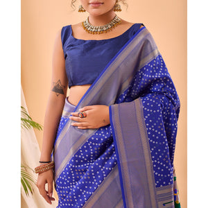 Blue - Bandhej Paithani Violet Paithani Silk Handwork Saree