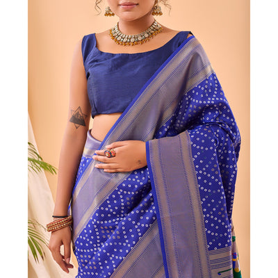 Blue - Bandhej Paithani Violet Paithani Silk Handwork Saree