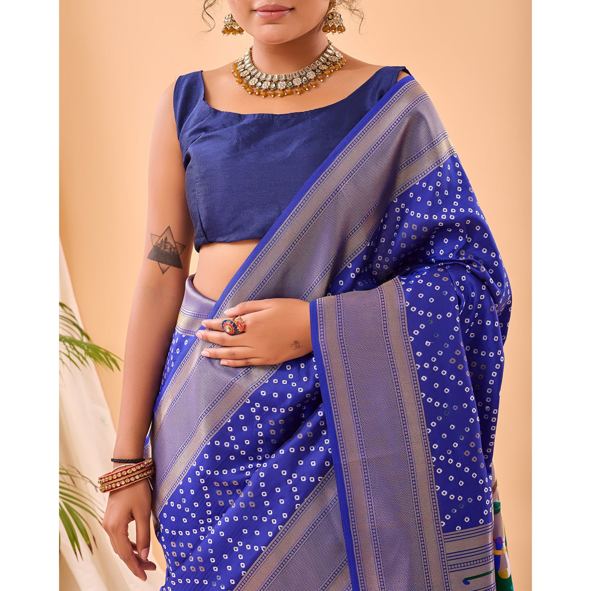 Blue - Bandhej Paithani Violet Paithani Silk Handwork Saree