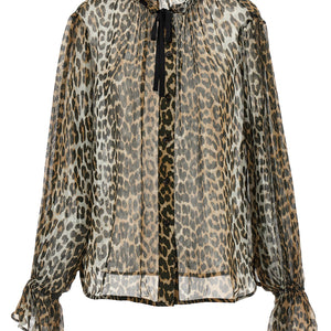Ganni Leopard Print Chiffon Tie String Shirt