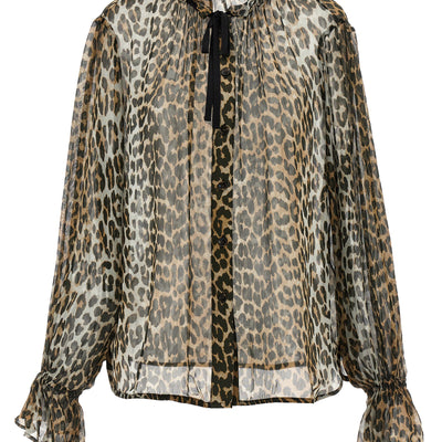 Ganni Leopard Print Chiffon Tie String Shirt