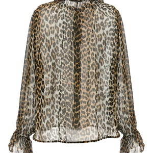 Ganni Leopard Print Chiffon Tie String Shirt