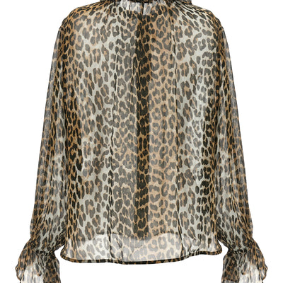 Ganni Leopard Print Chiffon Tie String Shirt