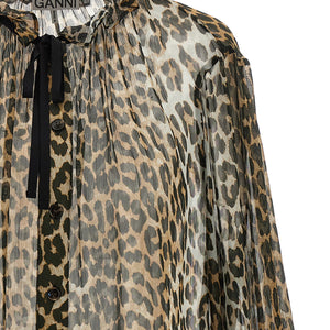 Ganni Leopard Print Chiffon Tie String Shirt