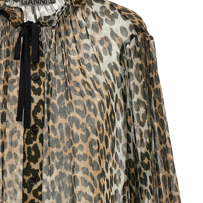 Ganni Leopard Print Chiffon Tie String Shirt