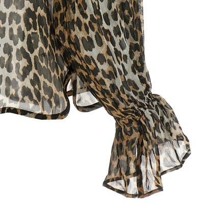 Ganni Leopard Print Chiffon Tie String Shirt