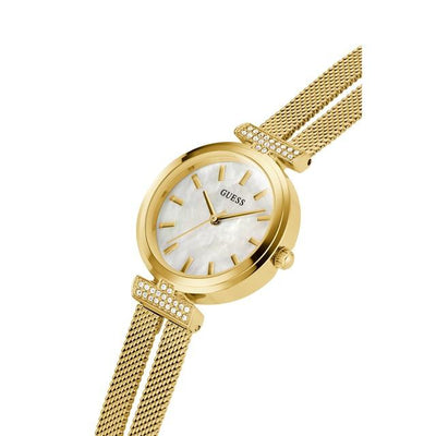 Guess Array White Dial & Yellow Gold Chain Watch for Women