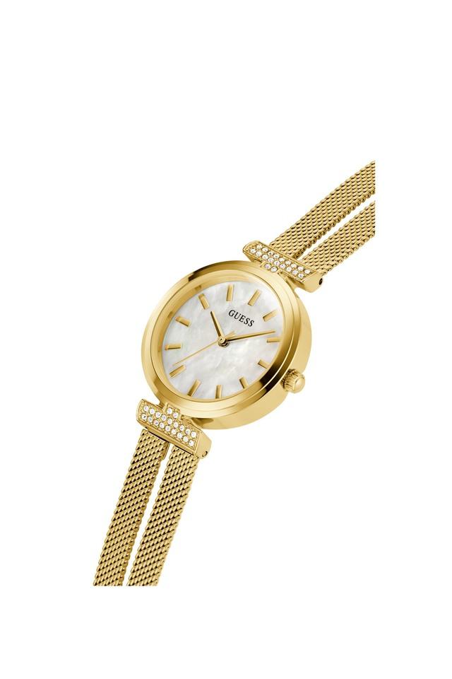 Guess Array White Dial & Yellow Gold Chain Watch for Women